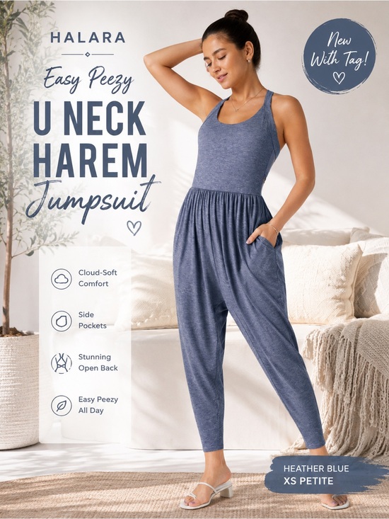 HALARA Pants - Halara Easy Peezy U Neck Harem Jumpsuit Blue XS Petite NWT